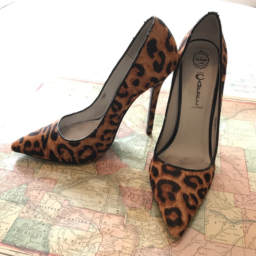 Jeffrey Campbell pony hair leopard print heels